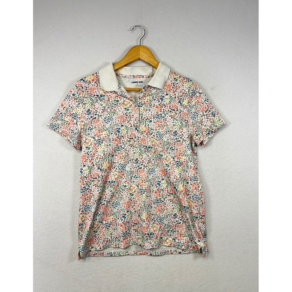 Lands End Floral Print Polo Shirt Women's Size S Short Sleeve Collared